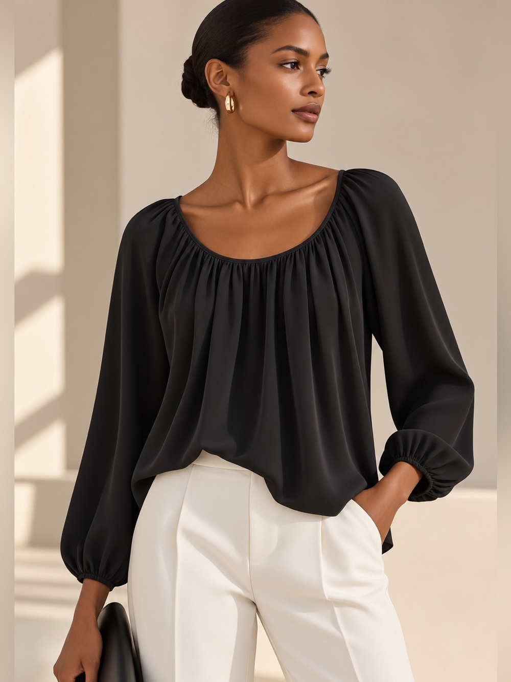 Theory Silk Long-Sleeve Gathered Scoop Neck Blouse, ✨